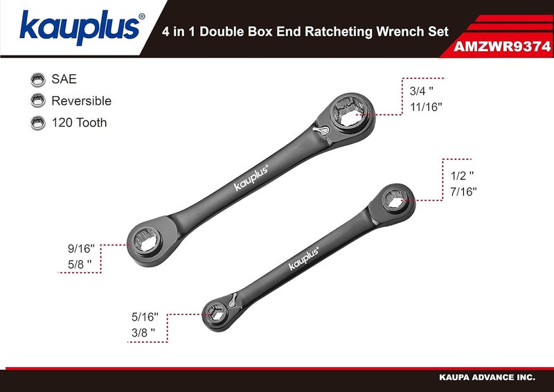 kauplus 4 in 1 SAE Non-Slip Box End Reversible Ratcheting Wench Set - 2PCS, 6pt., 120-Tooth Ratcheting gear, 5/16 Inch to 3/4 Inch - Image 1